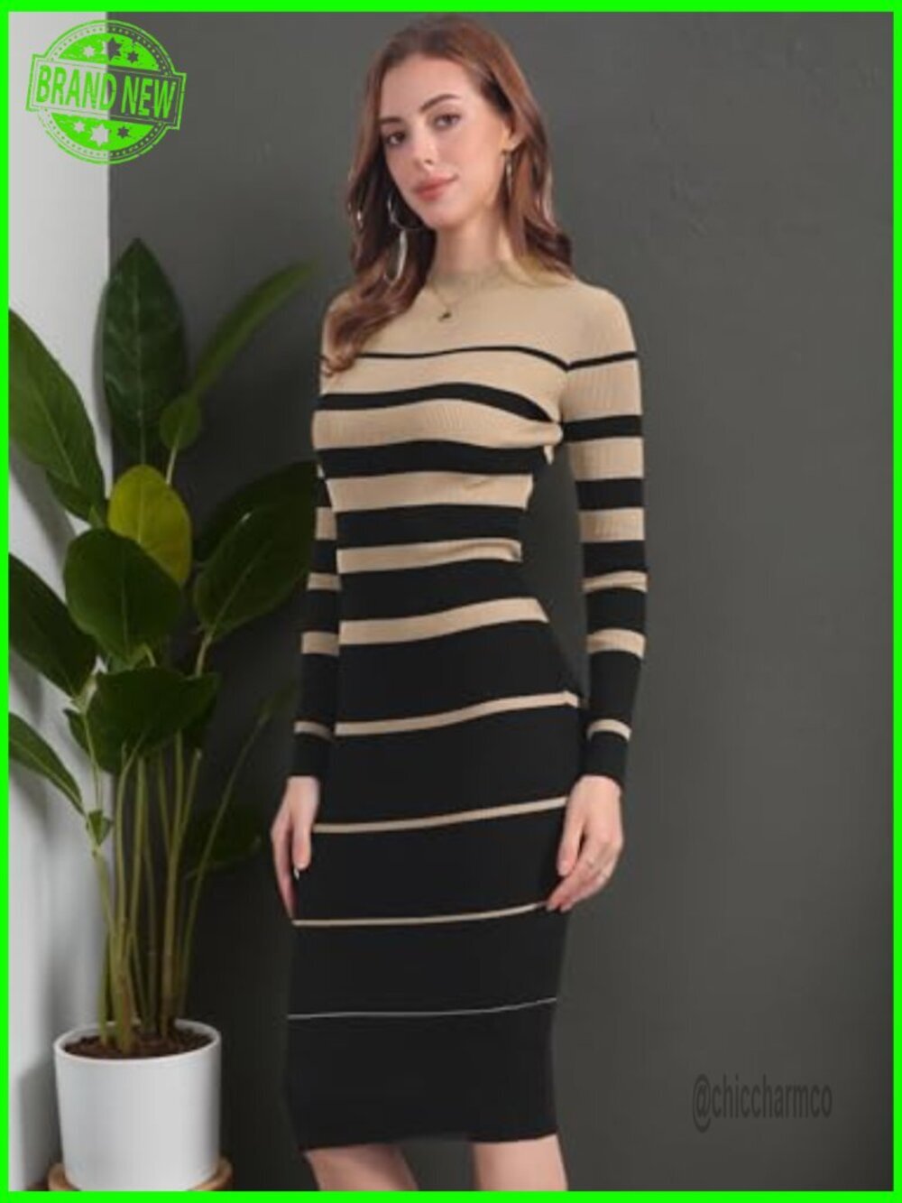Striped Long Sleeve Crew Neck Ribbed Bodycon Midi Sweater Dress - Picture 2 of 6
